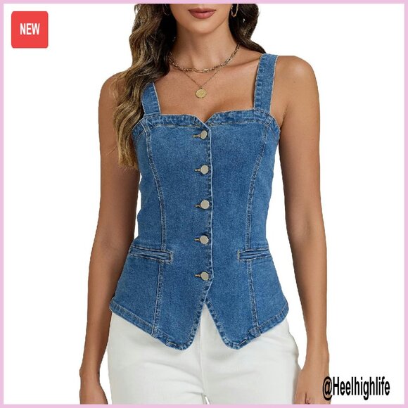 Stretchy Denim Corset Tube Top Adjustable Straps Y2K Vest Waistcoat